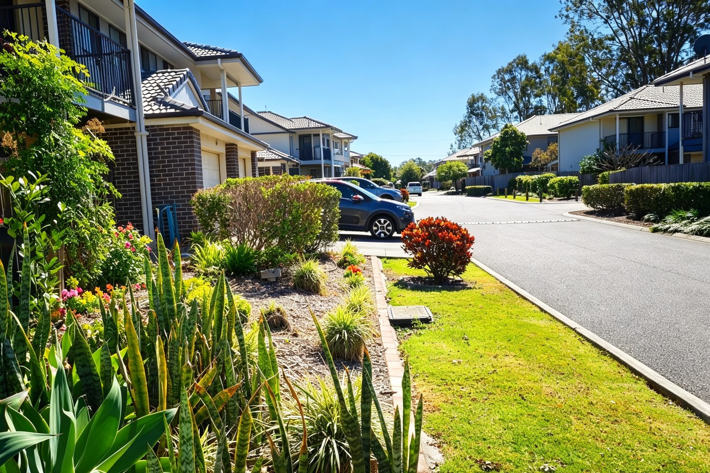 Garden-lined internal road through the Outlook Courts townhouse complex